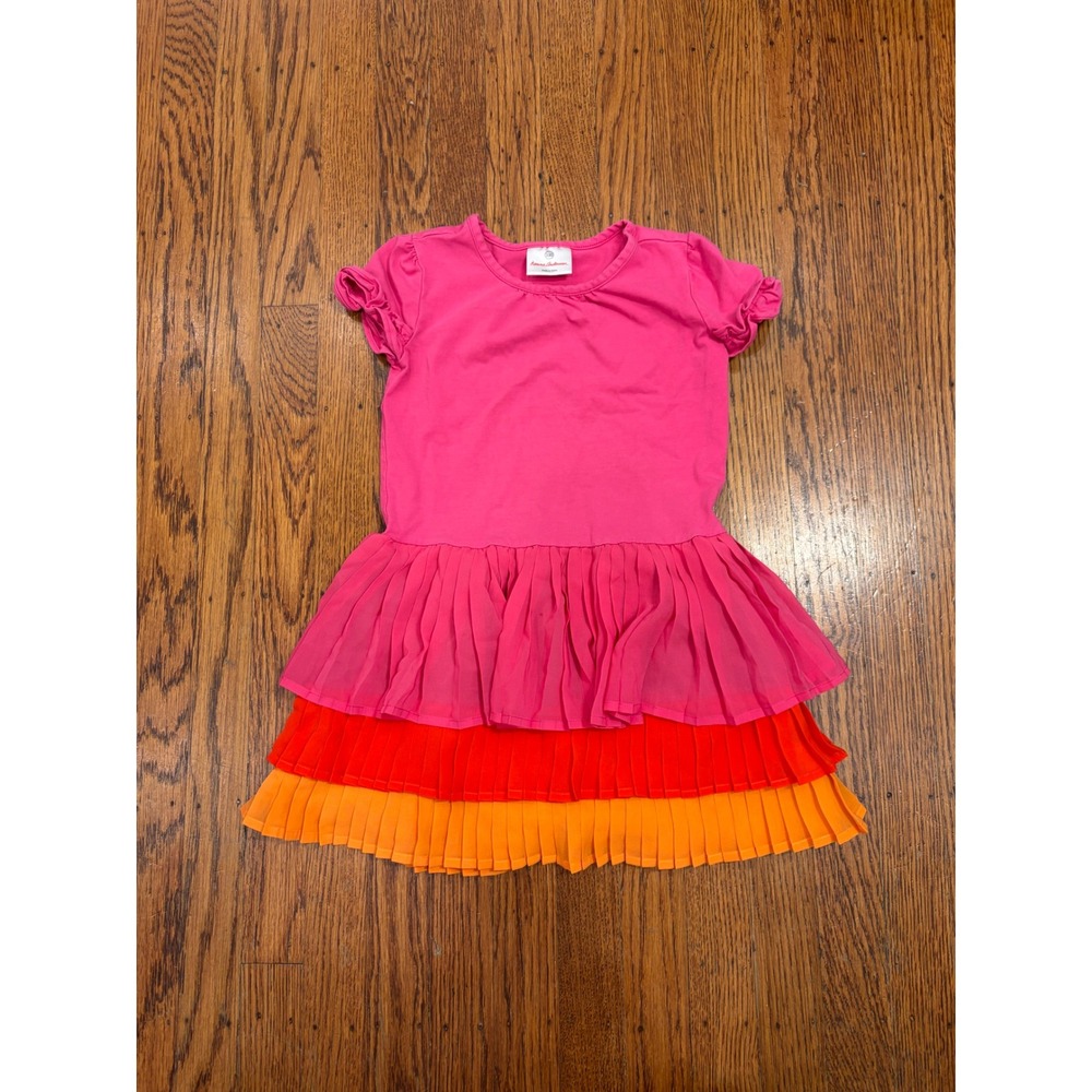 Hanna Andersson Girls Pink Orange Pleated Tiered Twirl Dress Short Sleeve